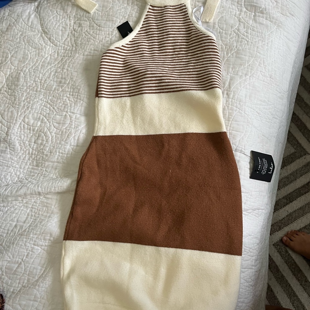 Striped Brown and Cream Sweater Halter Dress